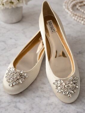 Badgley Mischka Ivory Jeweled Satin Ballet Flats